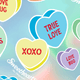 Colorful hearts with text: XOXO, TRUE LOVE, LOVE BUG