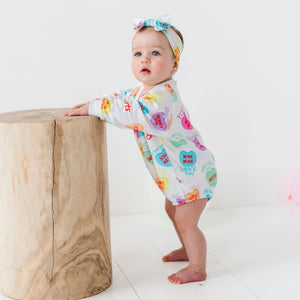 Baby Kids Bamboo Pajamas — Sweethearts® Colorful Candy Hearts Sweatshirt Bubble Romper — Image 1