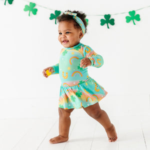 Baby Kids Bamboo Pajamas — Clover the Rainbow Ruffle Dress — Image 1