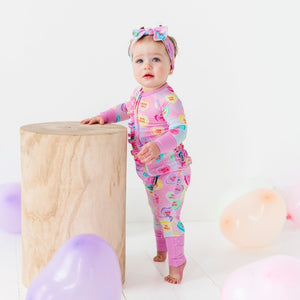 Baby Kids Bamboo Pajamas — Sweethearts® Pink Pastel Hearts Convertible Ruffle Romper — Image 1