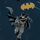 Batman in a dynamic pose with a cape, logo in background