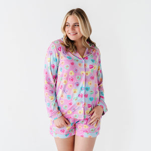 Baby Kids Bamboo Pajamas — Sweethearts® Pink Pastel Hearts Women's Collar Shirt & Shorts Set — Image 1