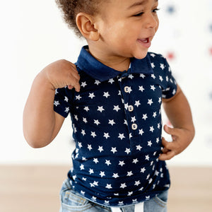 Baby Kids Bamboo Pajamas — Navy Star Bamboo Polo — Image 1