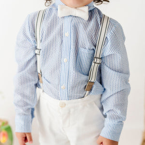 Baby Kids Bamboo Pajamas — Blue Seersucker Button Down Shirt — Image 1