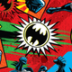 Colorful Batman graphic featuring the iconic bat symbol and comic-style elements.