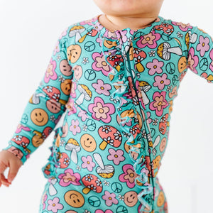 Baby Kids Bamboo Pajamas — Don't Worry Be Hippie Convertible Ruffle Romper — Image 1