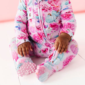 Baby Kids Bamboo Pajamas — Pretty Little Pumpkin Ruffle Footie — Image 1