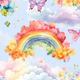A colorful rainbow surrounded by flowers and butterflies on a blue background.