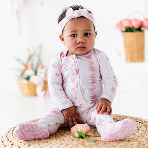 Baby Kids Bamboo Pajamas — Enchanted Floral Lane Ruffle Footie — Image 1