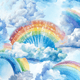 A colorful rainbow with clouds in a blue sky, decorative element