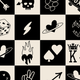 Pattern of black and cream squares featuring hearts, spades, lightning bolts, skulls, and other symbols