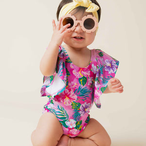 Baby Kids Bamboo Pajamas — Aloha, Beaches Ruffle Sleeve One Piece Swimsuit — Image 1