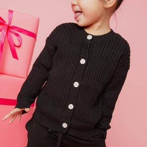 Baby Kids Bamboo Pajamas — Black Ribbed Knit Button Sweater — Image 1