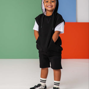 Baby Kids Bamboo Pajamas — Black Hooded T-Shirt & Shorts Set — Image 1