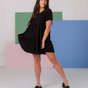 Baby Kids Bamboo Pajamas — Black Women's Short Sleeve Dress — Image 1