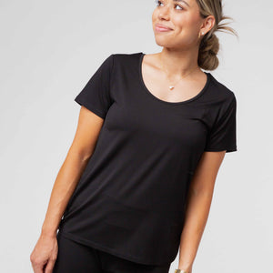 Baby Kids Bamboo Pajamas — Black Women's Short Sleeve T-Shirt — Image 4