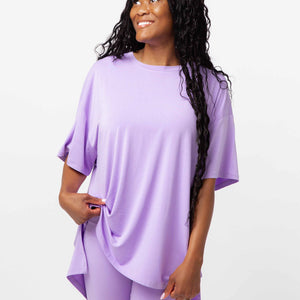 Baby Kids Bamboo Pajamas β Purple Doodles Women's Oversized T-Shirt & Biker Shorts Set β Image 1