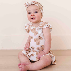 Baby Kids Bamboo Pajamas — Bear Hugs Cap Sleeve Ruffle Dress — Image 1