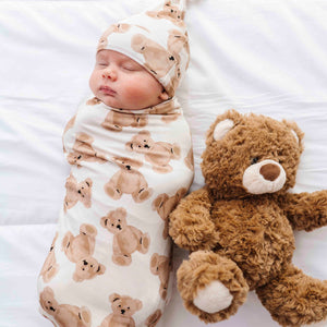 Baby Kids Bamboo Pajamas — Bear Hugs Swaddle & Beanie Set — Image 1