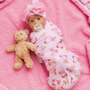 Baby Kids Bamboo Pajamas — Beary Special Swaddle + Cap w/ Velvet Bow — Image 1