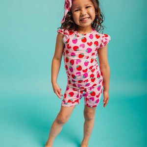 Baby Kids Bamboo Pajamas — Berry in Love Cap Sleeve Two-Piece Shorts Set — Image 1