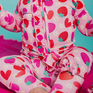 Baby Kids Bamboo Pajamas — Berry in Love Convertible Ruffle Romper — Image 1