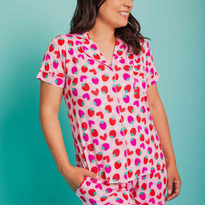 Baby Kids Bamboo Pajamas — Berry in Love Women's Collar Shirt & Shorts Set — Image 1