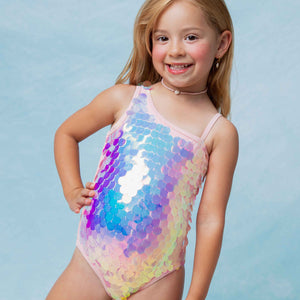 Baby Kids Bamboo Pajamas — Pink Sparkle Sequin One-Piece Swimsuit — Image 1