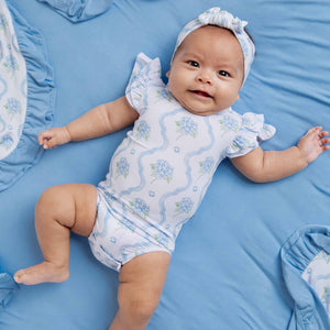 Baby Kids Bamboo Pajamas — Blue-tiful Bloom Cap Sleeve Bodysuit — Image 1