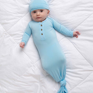 Baby Kids Bamboo Pajamas — Blue Me Away Knotted Gown & Beanie Set — Image 1