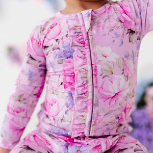 Baby Kids Bamboo Pajamas — Blush in Bloom Convertible Ruffle Romper — Image 1
