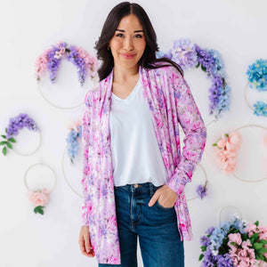 Baby Kids Bamboo Pajamas — Blush in Bloom Women's Open Front Long Sleeve Cardigan — Image 1