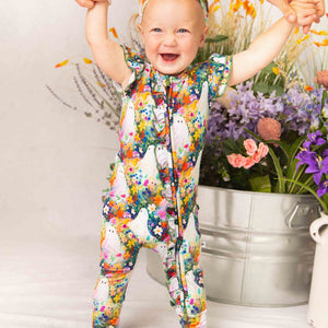 Baby Kids Bamboo Pajamas — Boo-tiful Blooms Cap Sleeve Romper — Image 1