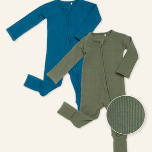 Baby Kids Bamboo Pajamas — Navy or Not + Sage the Day Ribbed Convertible Rompers Bundle — Image 1