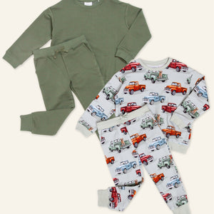 Baby Kids Bamboo Pajamas — Sage the Day + Ruff Ride Relaxed Fit Jogger Sets Bundle — Image 1