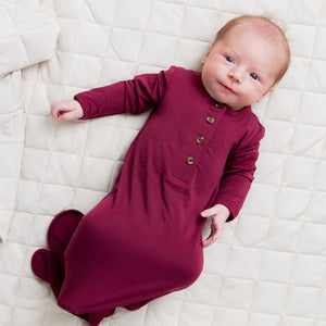 Baby Kids Bamboo Pajamas — Berry Dramatic Knotted Gown with Buttons — Image 1