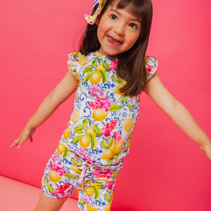 Baby Kids Bamboo Pajamas — Carpe Lemon Cap Sleeve Shirt & Shorts Set — Image 1