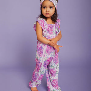 Baby Kids Bamboo Pajamas — You Had Me at Hydrangea Cap Sleeve Wide Leg Jumpsuit — Image 1