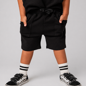 Baby Kids Bamboo Pajamas — Black Pull-On Shorts — Image 1