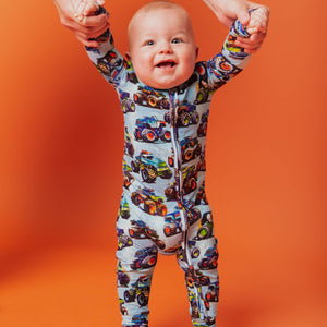 Baby Kids Bamboo Pajamas — Trucks Are My Jam Convertible Romper — Image 1