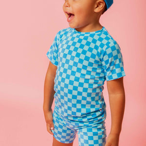 Baby Kids Bamboo Pajamas — Cool Checks Short Sleeve Two-Piece Pajama Shorts Set — Image 1