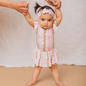 Baby Kids Bamboo Pajamas — Bowquet of Roses Cap Sleeve Ruffle Dress — Image 1