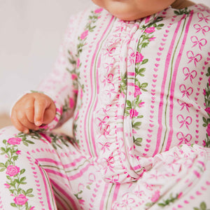 Baby Kids Bamboo Pajamas — Bowquet of Roses Ruffle Footie — Image 1