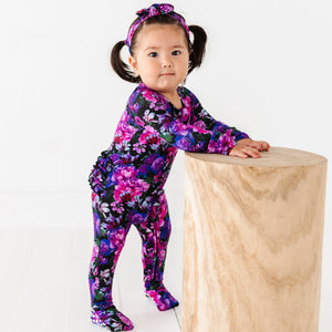 Baby Kids Bamboo Pajamas — Midnight Bloom Convertible Ruffle Romper — Image 1