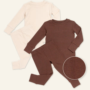 Baby Kids Bamboo Pajamas — Cream Puff + Mocha Me Happy Ribbed Long Sleeve Pajama Sets Bundle — Image 1