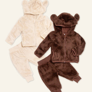 Baby Kids Bamboo Pajamas — Cream Puff + Mocha Me Happy Zip-Up Jogger Set With Ears Bundle — Image 1