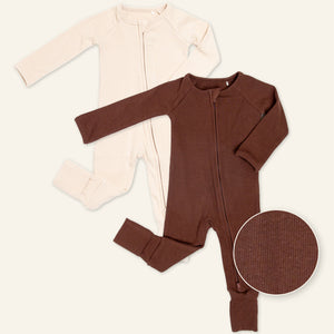 Baby Kids Bamboo Pajamas — Cream Puff + Mocha Me Happy Ribbed Convertible Rompers Bundle — Image 1