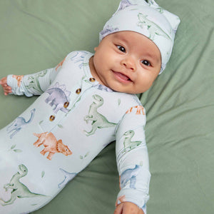 Baby Kids Bamboo Pajamas — Cuddle-saurus Knotted Gown & Beanie Set — Image 1