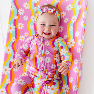 Baby Kids Bamboo Pajamas — Disco Daysies Ruffle Footie — Image 1
