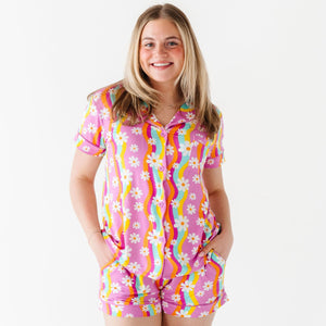 Baby Kids Bamboo Pajamas — Disco Daysies Women's Collar Shirt & Shorts Set — Image 1